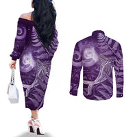 New Zealand Matariki Couples Matching Off The Shoulder Long Sleeve Dress and Long Sleeve Button Shirt Maori Koru With Humpback Whale Purple LT05 - Polynesian Pride