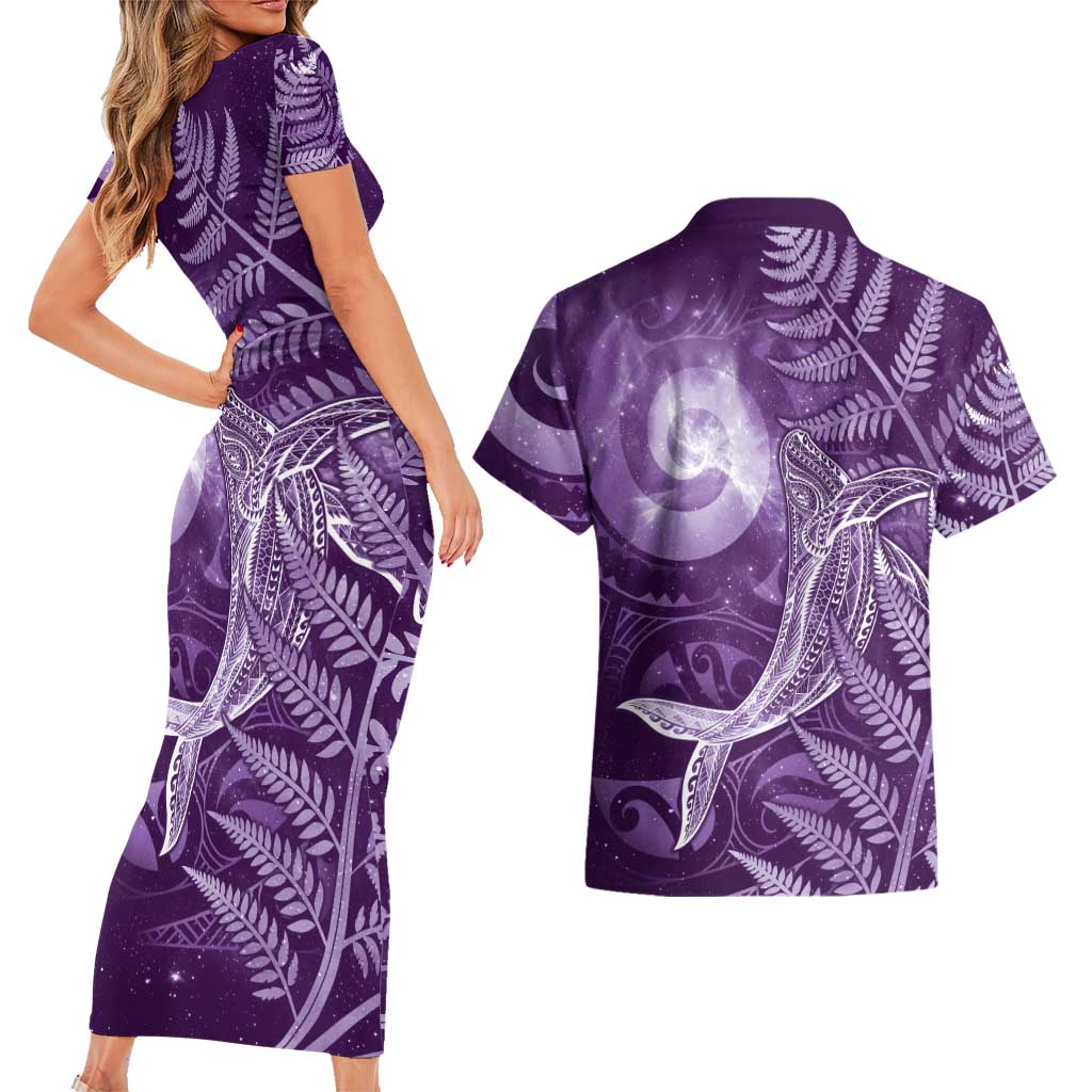 New Zealand Matariki Couples Matching Short Sleeve Bodycon Dress and Hawaiian Shirt Maori Koru With Humpback Whale Purple LT05 - Polynesian Pride