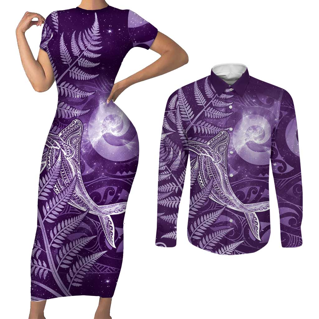New Zealand Matariki Couples Matching Short Sleeve Bodycon Dress and Long Sleeve Button Shirt Maori Koru With Humpback Whale Purple LT05 Purple - Polynesian Pride