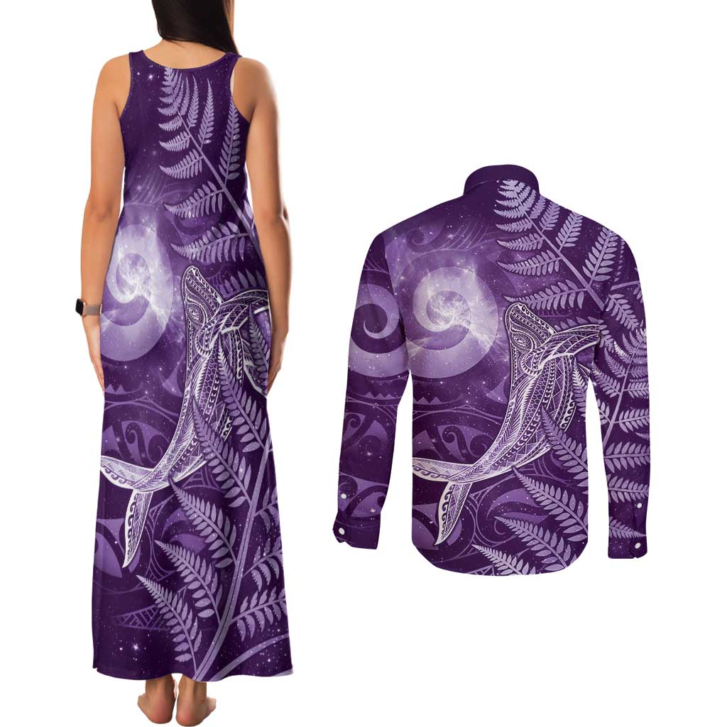 New Zealand Matariki Couples Matching Tank Maxi Dress and Long Sleeve Button Shirt Maori Koru With Humpback Whale Purple LT05 - Polynesian Pride