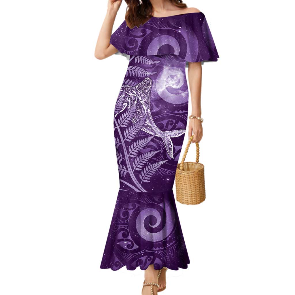 New Zealand Matariki Family Matching Mermaid Dress and Hawaiian Shirt Maori Koru With Humpback Whale Purple LT05 Mom's Dress Purple - Polynesian Pride