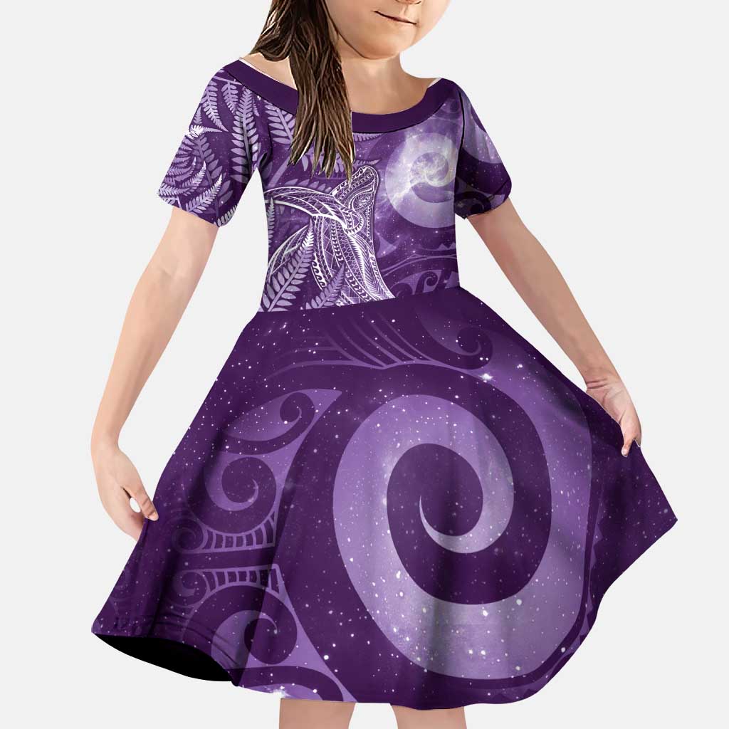 New Zealand Matariki Family Matching Off The Shoulder Long Sleeve Dress and Hawaiian Shirt Maori Koru With Humpback Whale Purple LT05 Daughter's Dress Purple - Polynesian Pride