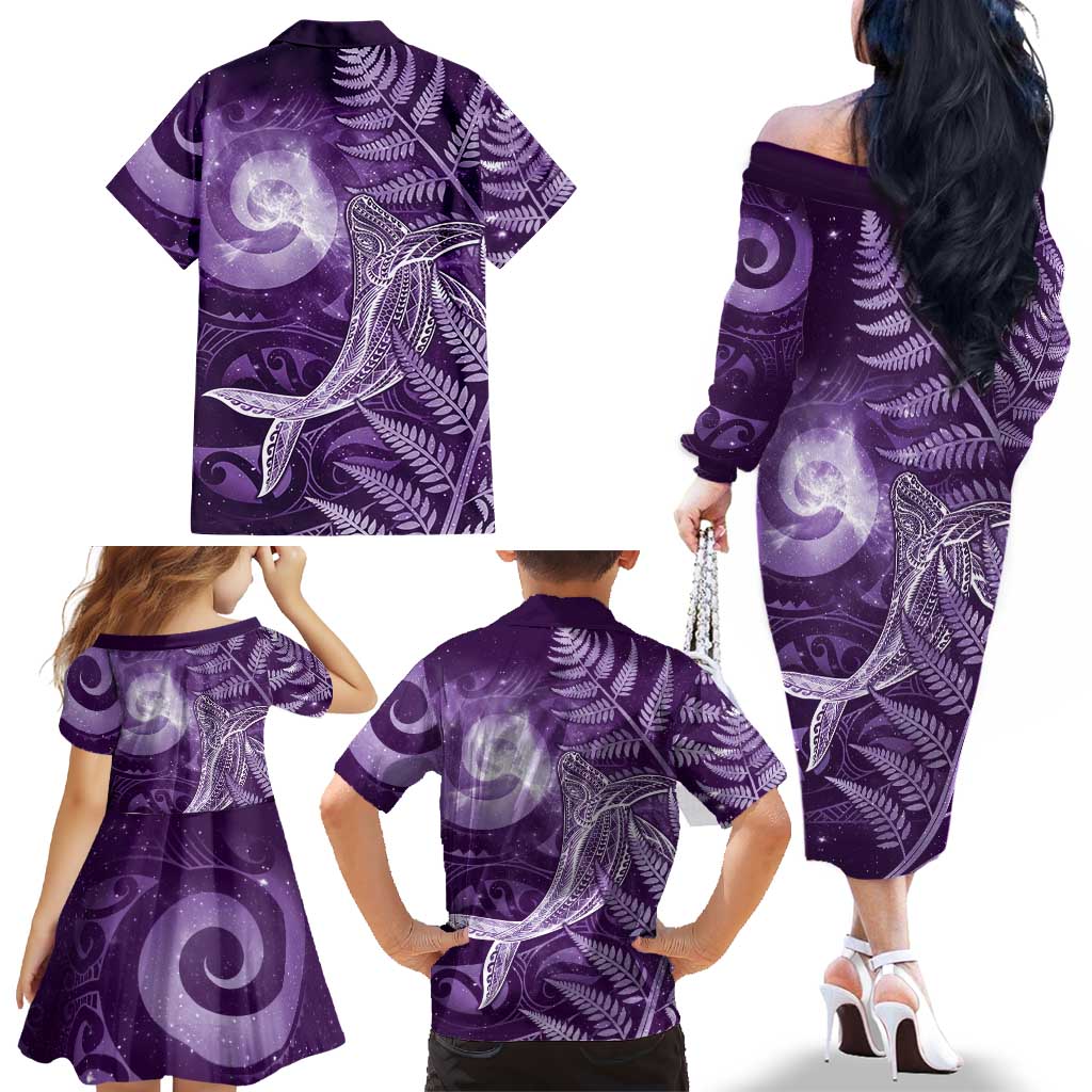 New Zealand Matariki Family Matching Off The Shoulder Long Sleeve Dress and Hawaiian Shirt Maori Koru With Humpback Whale Purple LT05 - Polynesian Pride