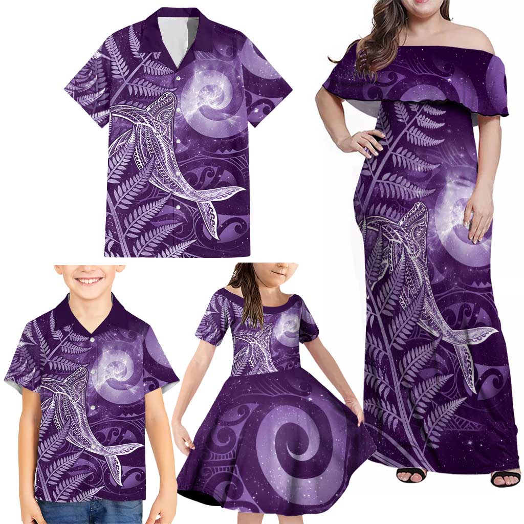 New Zealand Matariki Family Matching Off Shoulder Maxi Dress and Hawaiian Shirt Maori Koru With Humpback Whale Purple LT05 - Polynesian Pride