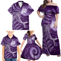 New Zealand Matariki Family Matching Off Shoulder Maxi Dress and Hawaiian Shirt Maori Koru With Humpback Whale Purple LT05 - Polynesian Pride
