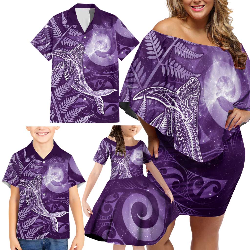 New Zealand Matariki Family Matching Off Shoulder Short Dress and Hawaiian Shirt Maori Koru With Humpback Whale Purple LT05 - Polynesian Pride