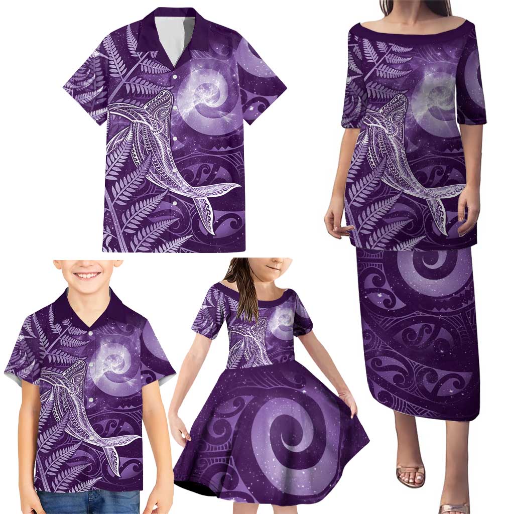 New Zealand Matariki Family Matching Puletasi and Hawaiian Shirt Maori Koru With Humpback Whale Purple LT05 - Polynesian Pride