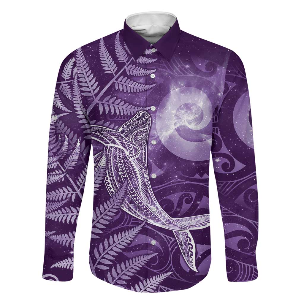 New Zealand Matariki Family Matching Puletasi and Hawaiian Shirt Maori Koru With Humpback Whale Purple LT05 Dad's Shirt - Long Sleeve Purple - Polynesian Pride