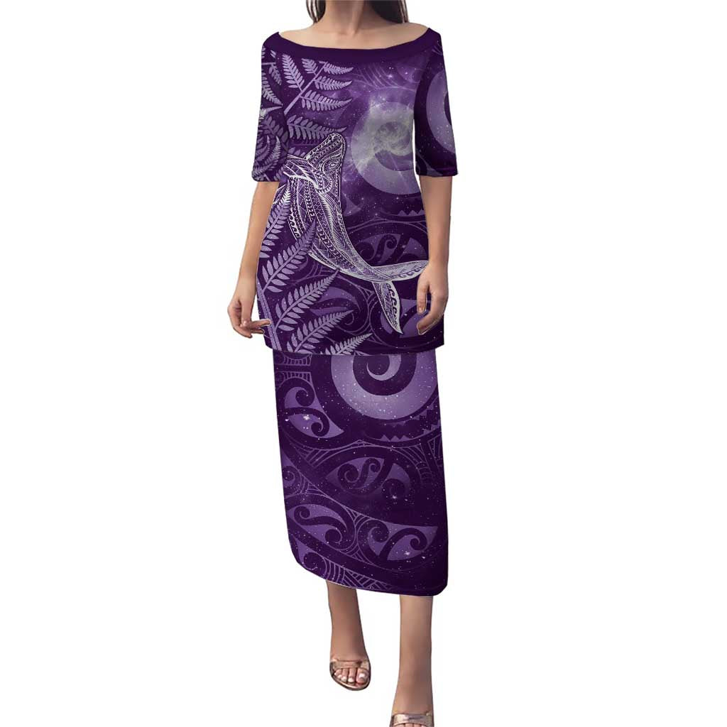 New Zealand Matariki Family Matching Puletasi and Hawaiian Shirt Maori Koru With Humpback Whale Purple LT05 Mom's Dress Purple - Polynesian Pride