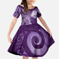 New Zealand Matariki Family Matching Short Sleeve Bodycon Dress and Hawaiian Shirt Maori Koru With Humpback Whale Purple LT05 Daughter's Dress Purple - Polynesian Pride