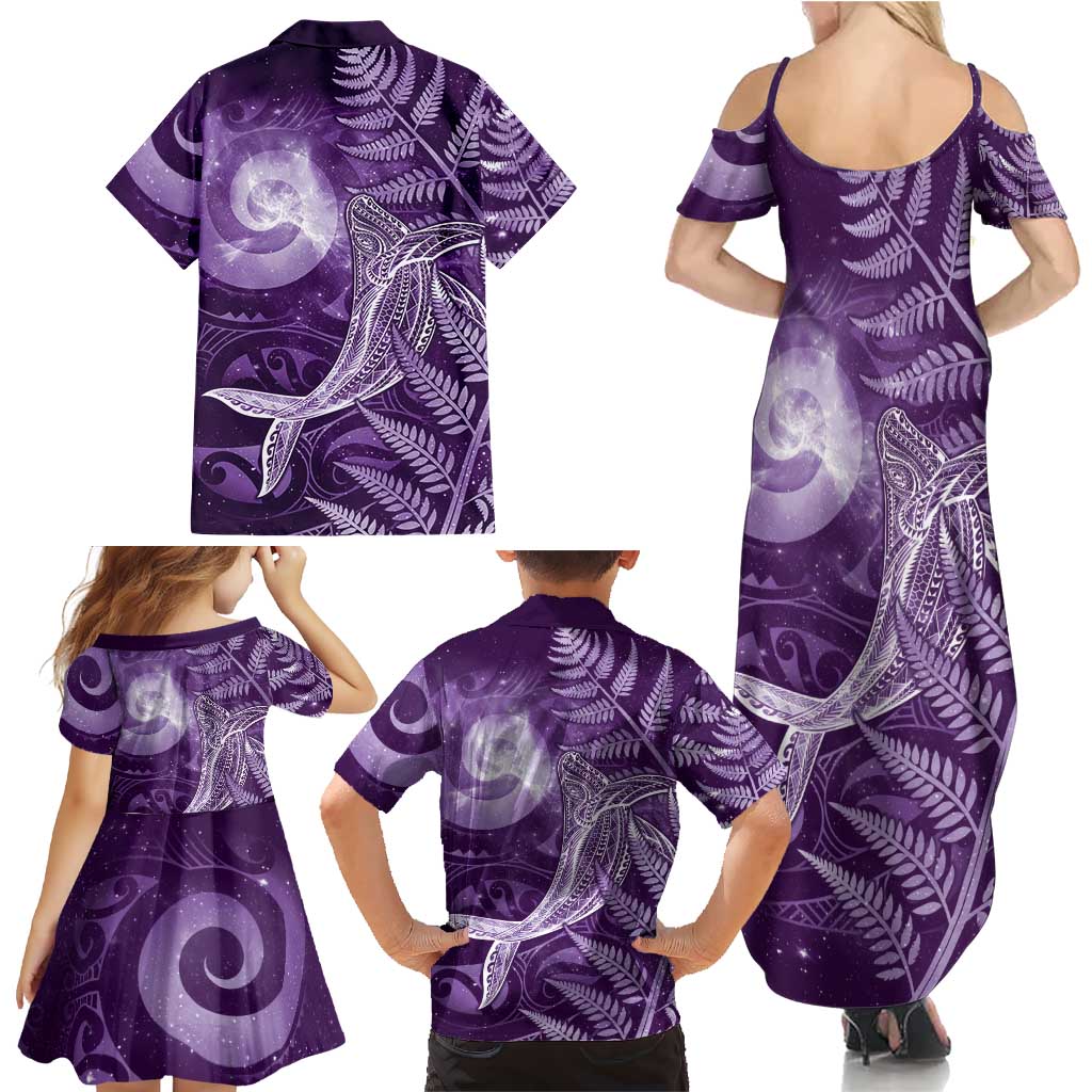 New Zealand Matariki Family Matching Summer Maxi Dress and Hawaiian Shirt Maori Koru With Humpback Whale Purple LT05 - Polynesian Pride