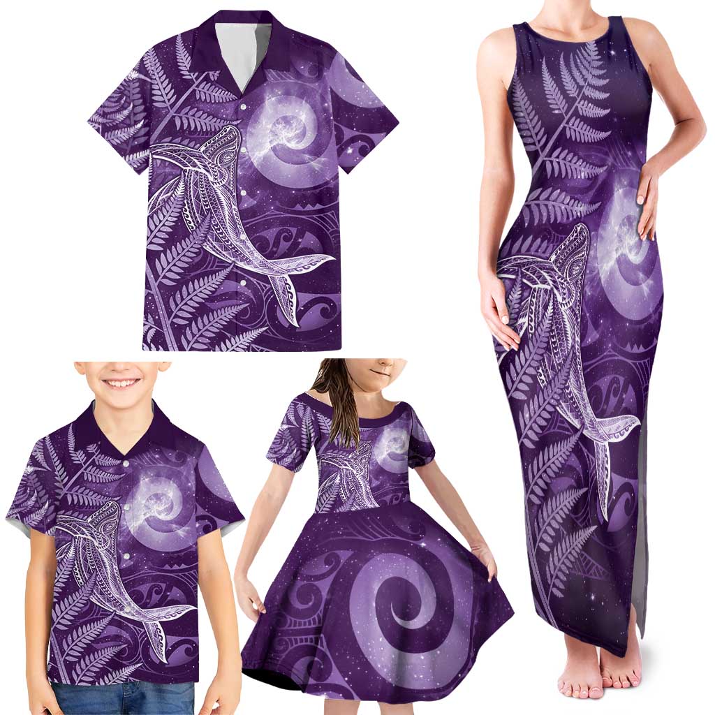 New Zealand Matariki Family Matching Tank Maxi Dress and Hawaiian Shirt Maori Koru With Humpback Whale Purple LT05 - Polynesian Pride