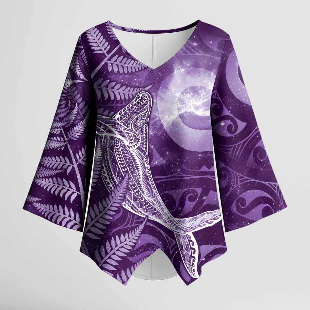 New Zealand Matariki Kimono Sleeve Blouse Maori Koru With Humpback Whale Purple
