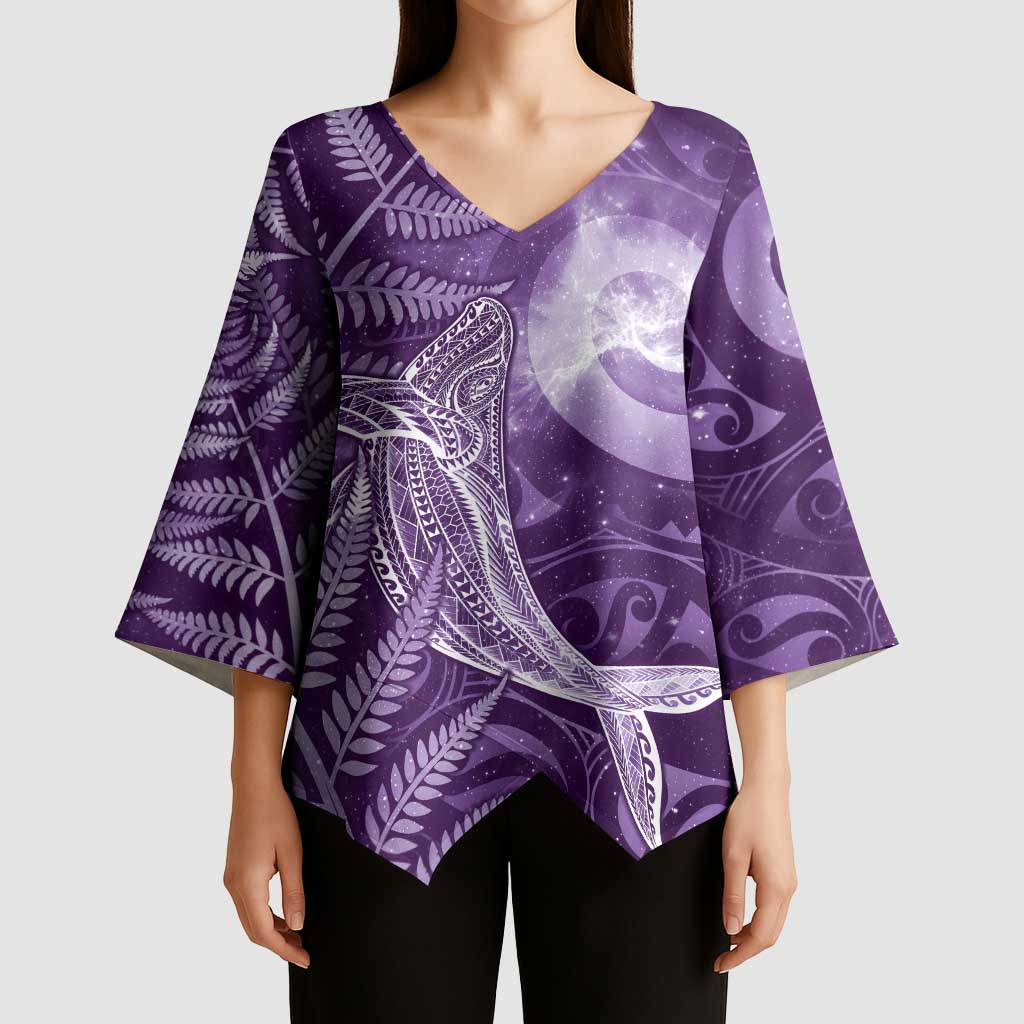 New Zealand Matariki Kimono Sleeve Blouse Maori Koru With Humpback Whale Purple