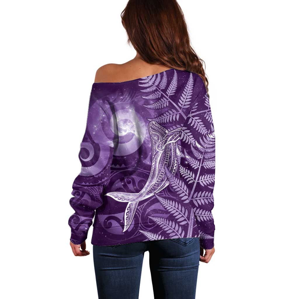 New Zealand Matariki Off Shoulder Sweater Maori Koru With Humpback Whale Purple