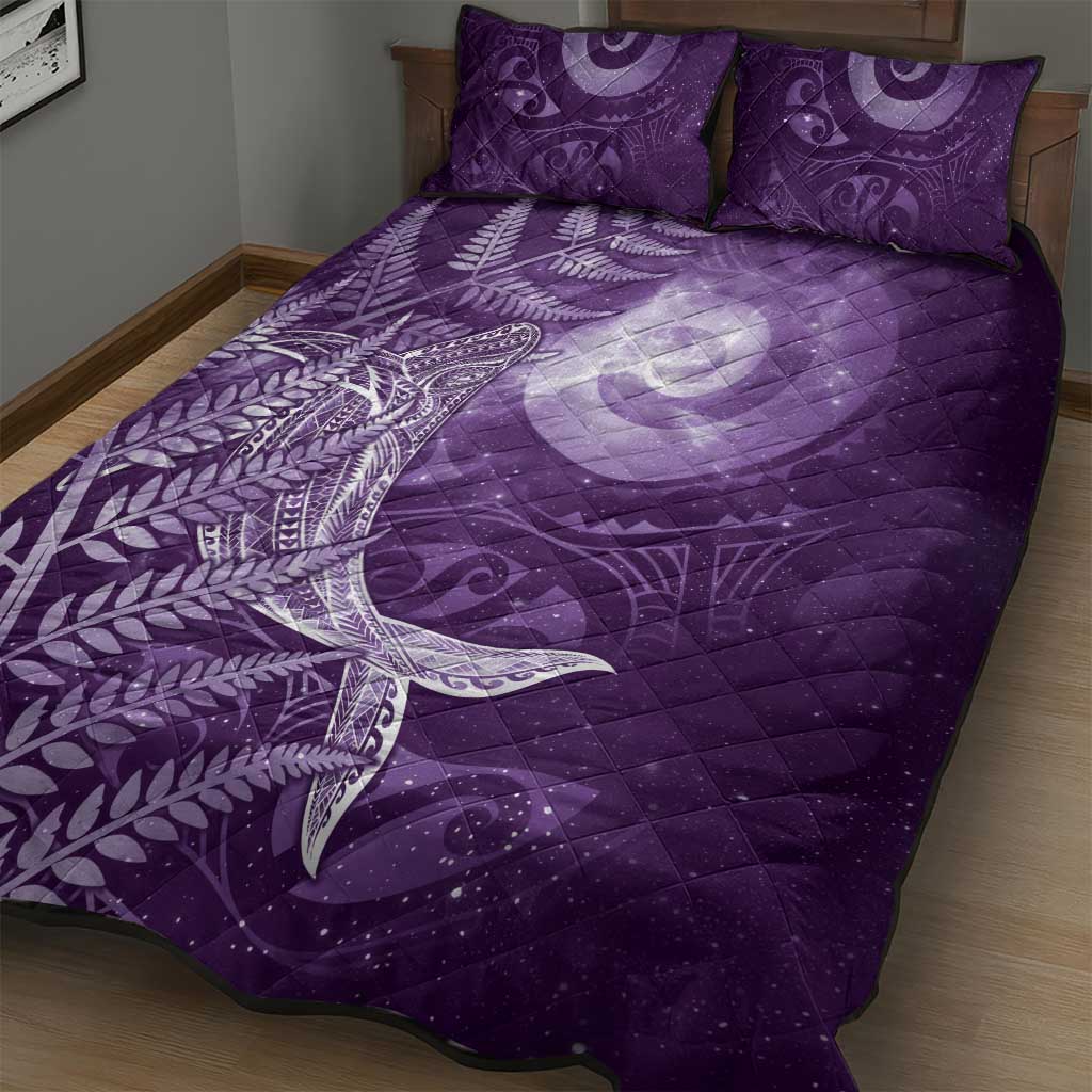 New Zealand Matariki Quilt Bed Set Maori Koru With Humpback Whale Purple