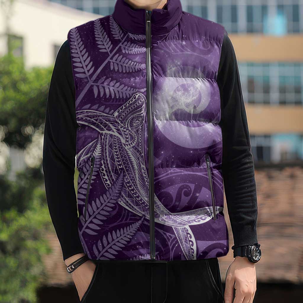 New Zealand Matariki Sleeveless Puffer Jacket Maori Koru With Humpback Whale Purple