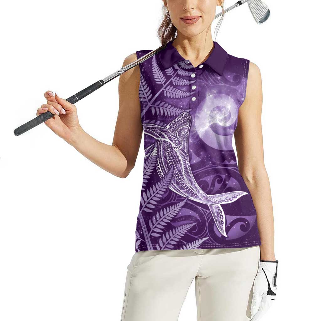 New Zealand Matariki Women Sleeveless Polo Shirt Maori Koru With Humpback Whale Purple LT05 - Polynesian Pride