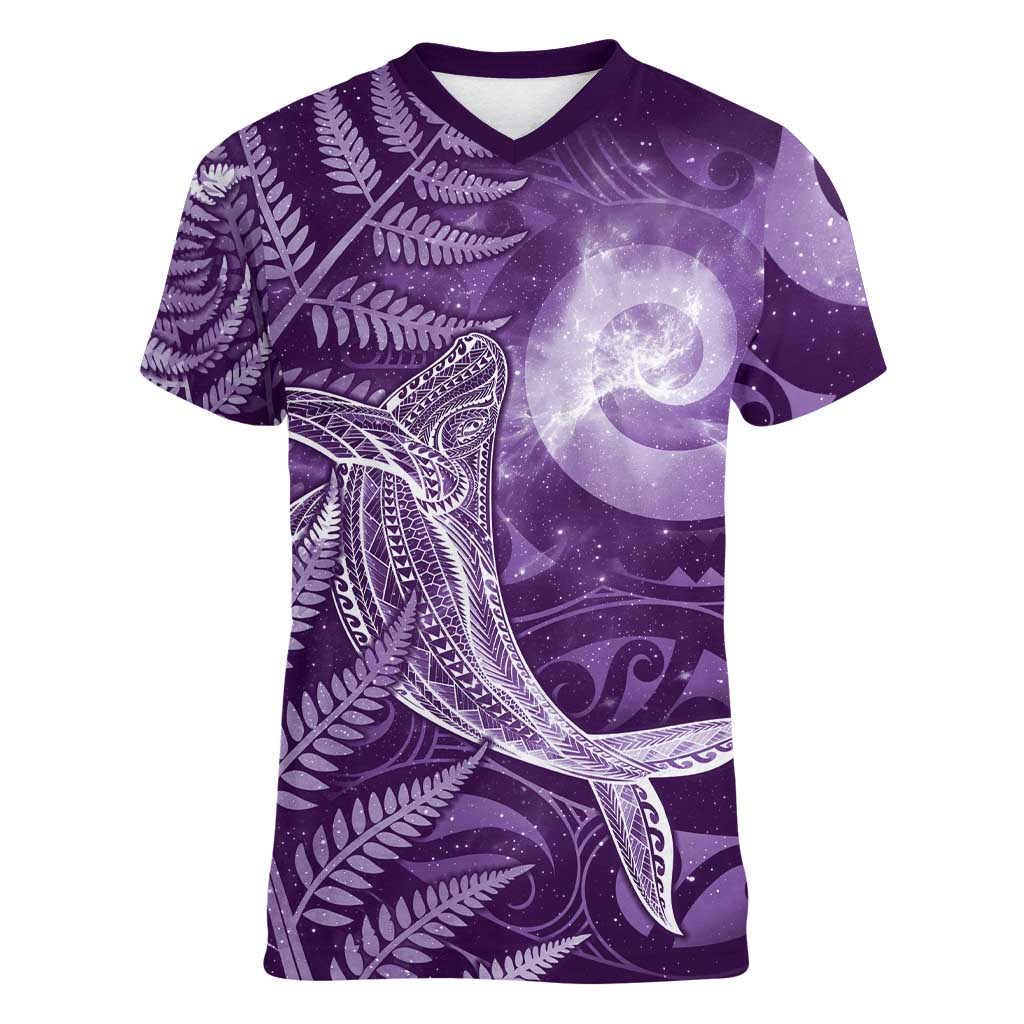 New Zealand Matariki Women V-Neck T-Shirt Maori Koru With Humpback Whale Purple LT05 Female Purple - Polynesian Pride