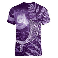 New Zealand Matariki Women V-Neck T-Shirt Maori Koru With Humpback Whale Purple LT05 - Polynesian Pride