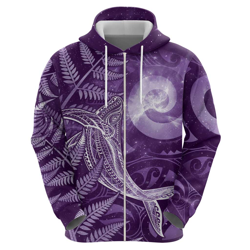 New Zealand Matariki Zip Hoodie Maori Koru With Humpback Whale Purple