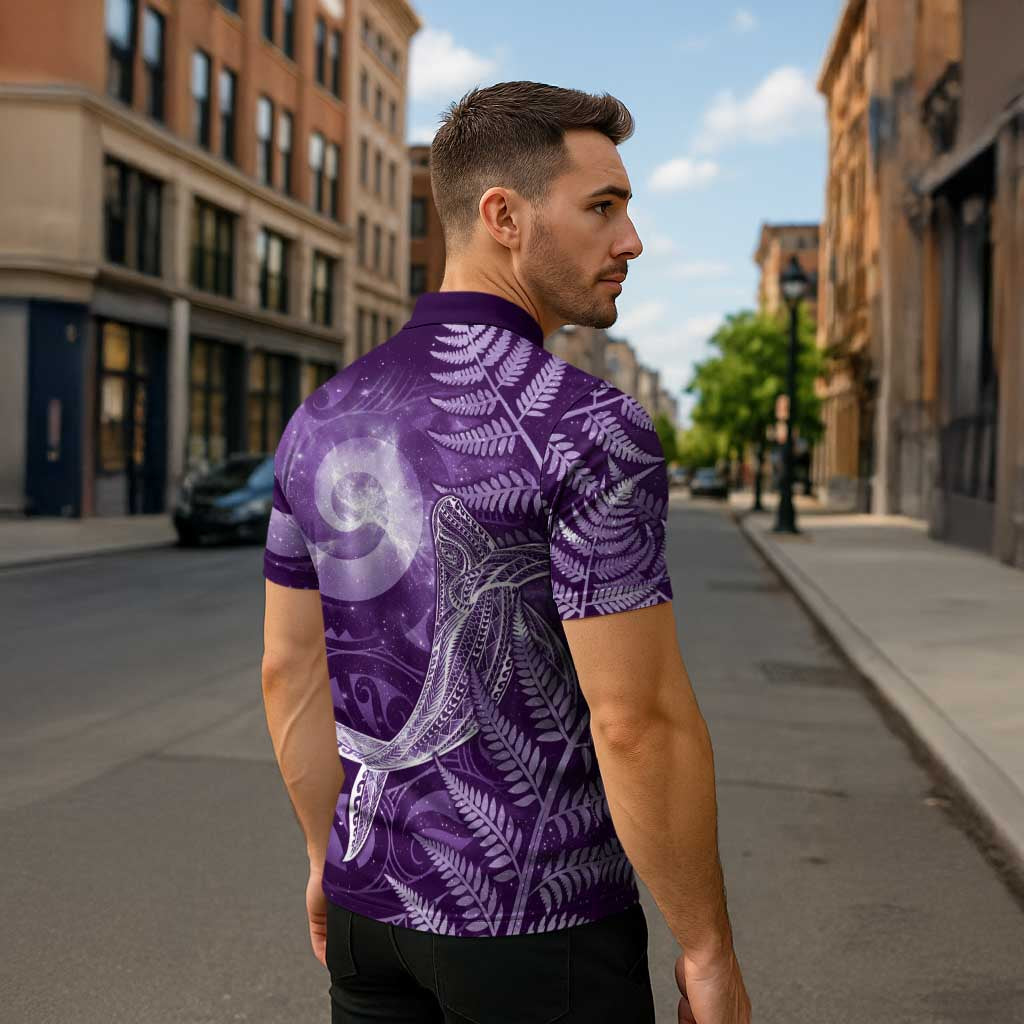 New Zealand Matariki Zipper Polo Shirt Maori Koru With Humpback Whale Purple LT05 - Polynesian Pride