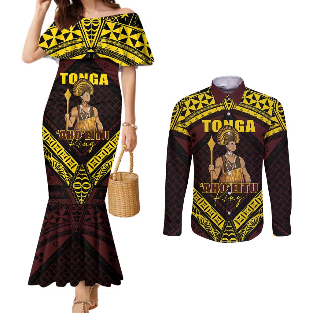 Tonga First King Couples Matching Mermaid Dress and Long Sleeve Button Shirt Ahoeitu Know Your Roots