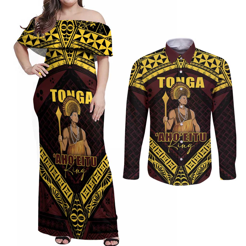 Tonga First King Couples Matching Off Shoulder Maxi Dress and Long Sleeve Button Shirt Ahoeitu Know Your Roots
