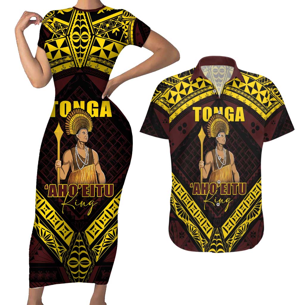 Tonga First King Couples Matching Short Sleeve Bodycon Dress and Hawaiian Shirt Ahoeitu Know Your Roots