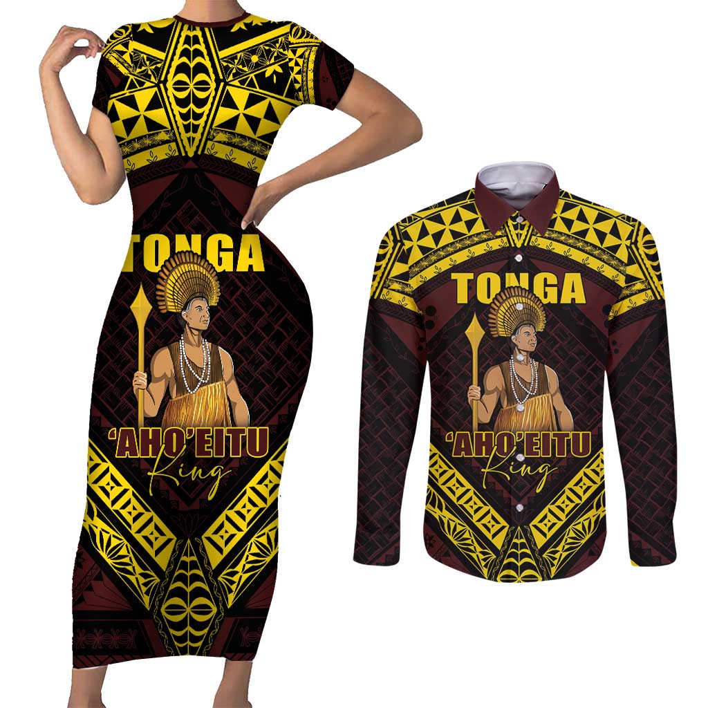 Tonga First King Couples Matching Short Sleeve Bodycon Dress and Long Sleeve Button Shirt Ahoeitu Know Your Roots