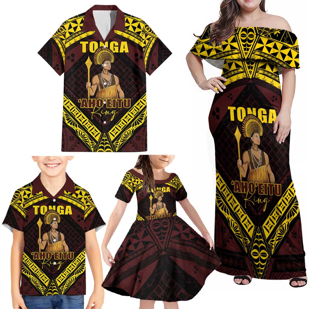 Tonga First King Family Matching Off Shoulder Maxi Dress and Hawaiian Shirt Ahoeitu Know Your Roots