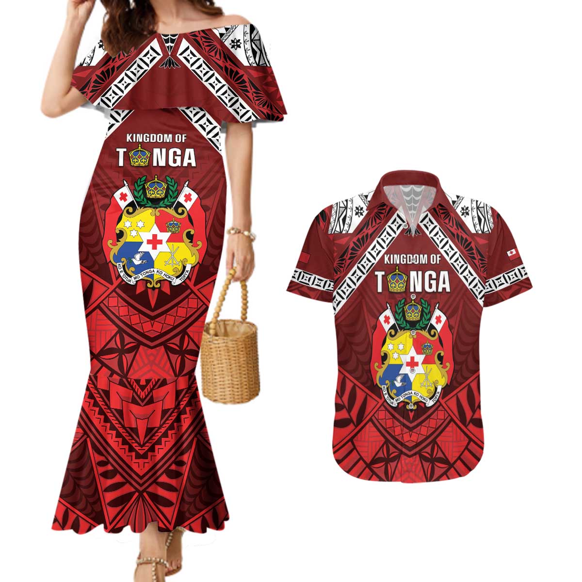 Tonga Emancipation Day Couples Matching Mermaid Dress and Hawaiian Shirt Tongan Kupesi Pattern