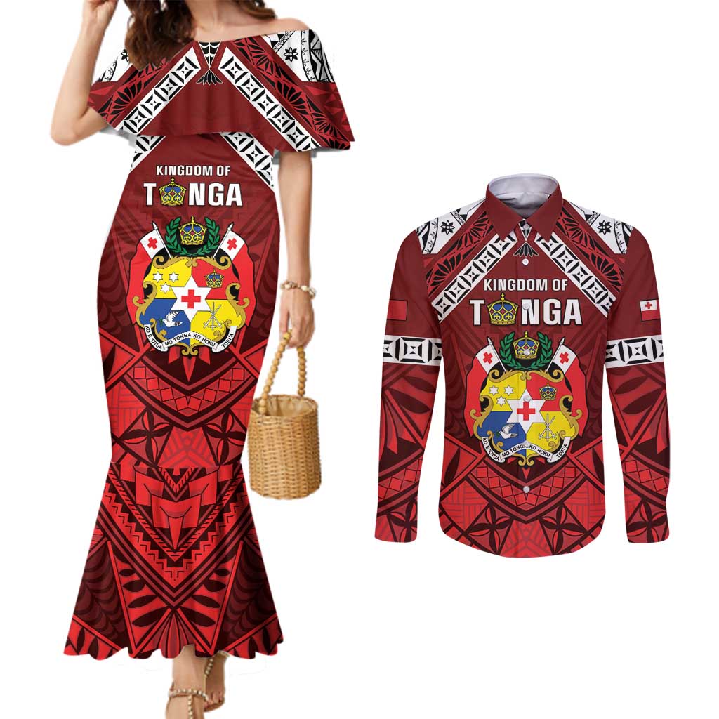Tonga Emancipation Day Couples Matching Mermaid Dress and Long Sleeve Button Shirt Tongan Kupesi Pattern
