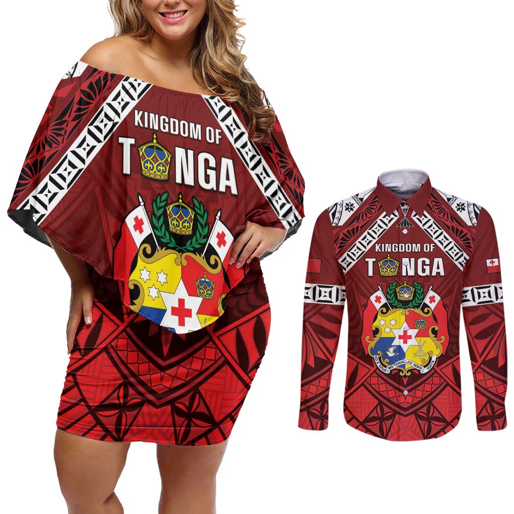 Tonga Emancipation Day Couples Matching Off Shoulder Short Dress and Long Sleeve Button Shirt Tongan Kupesi Pattern