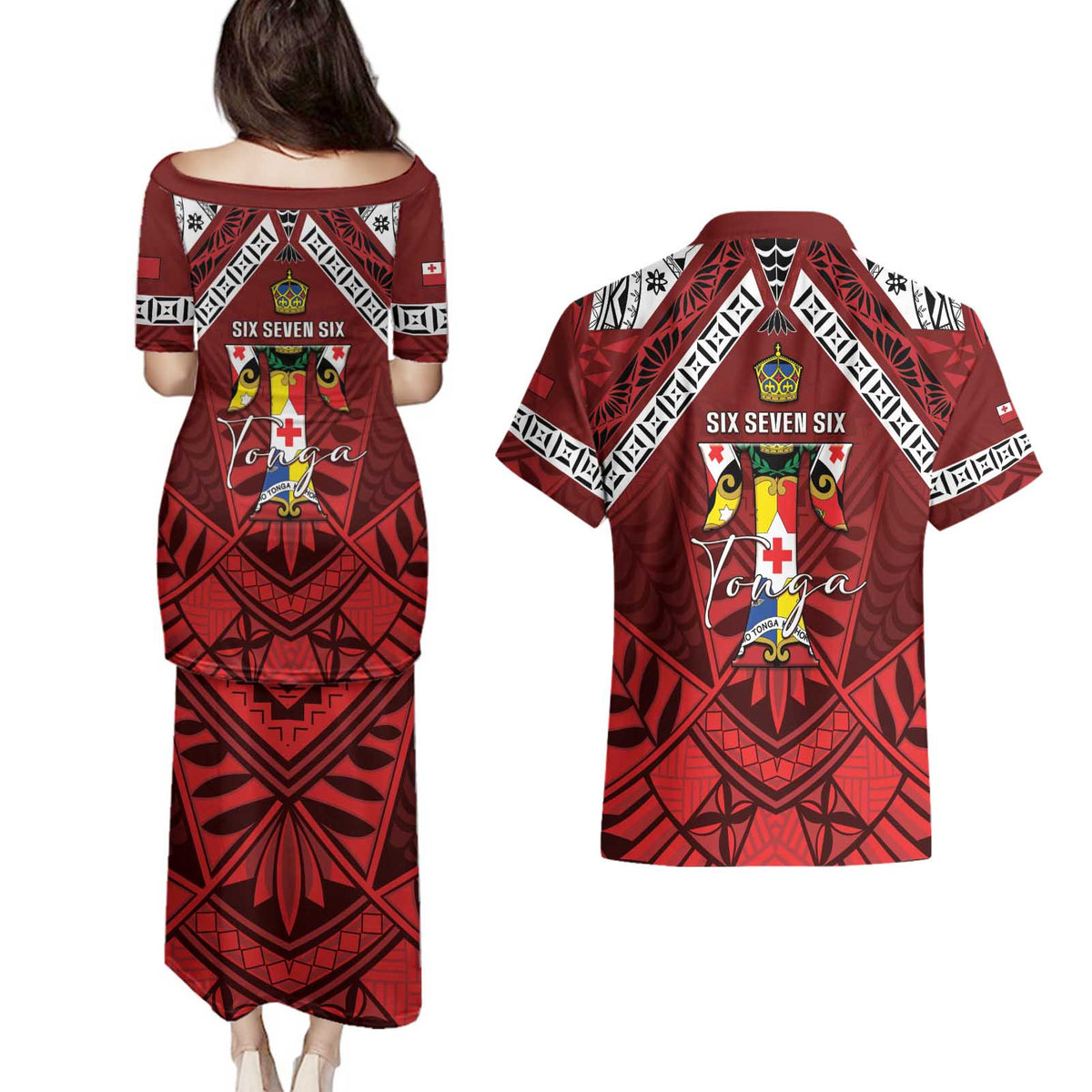 Tonga Emancipation Day Couples Matching Puletasi and Hawaiian Shirt Tongan Kupesi Pattern