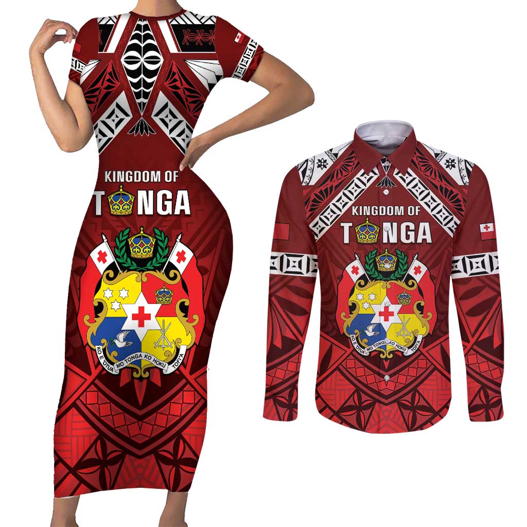 Tonga Emancipation Day Couples Matching Short Sleeve Bodycon Dress and Long Sleeve Button Shirt Tongan Kupesi Pattern