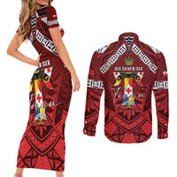 Tonga Emancipation Day Couples Matching Short Sleeve Bodycon Dress and Long Sleeve Button Shirt Tongan Kupesi Pattern