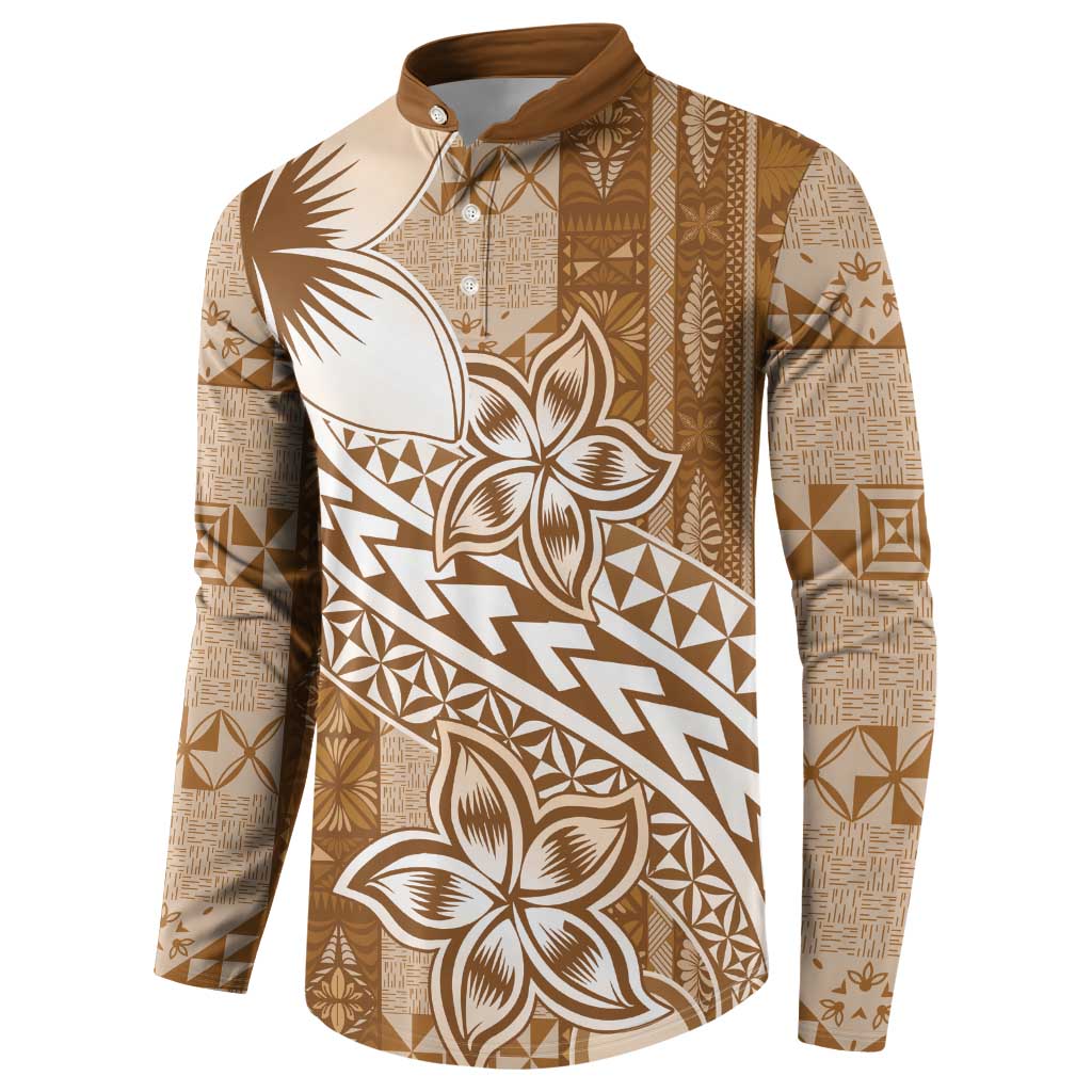 Tonga Kupesi Ngatu Button Sweatshirt Vintage Brown Plumeria