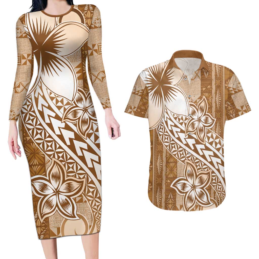 Tonga Kupesi Ngatu Couples Matching Long Sleeve Bodycon Dress and Hawaiian Shirt Vintage Brown Plumeria