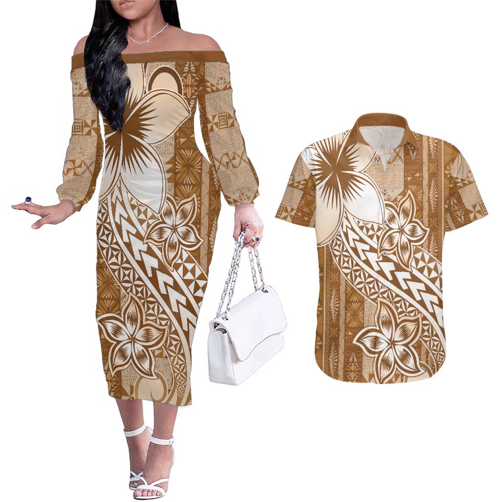 Tonga Kupesi Ngatu Couples Matching Off The Shoulder Long Sleeve Dress and Hawaiian Shirt Vintage Brown Plumeria