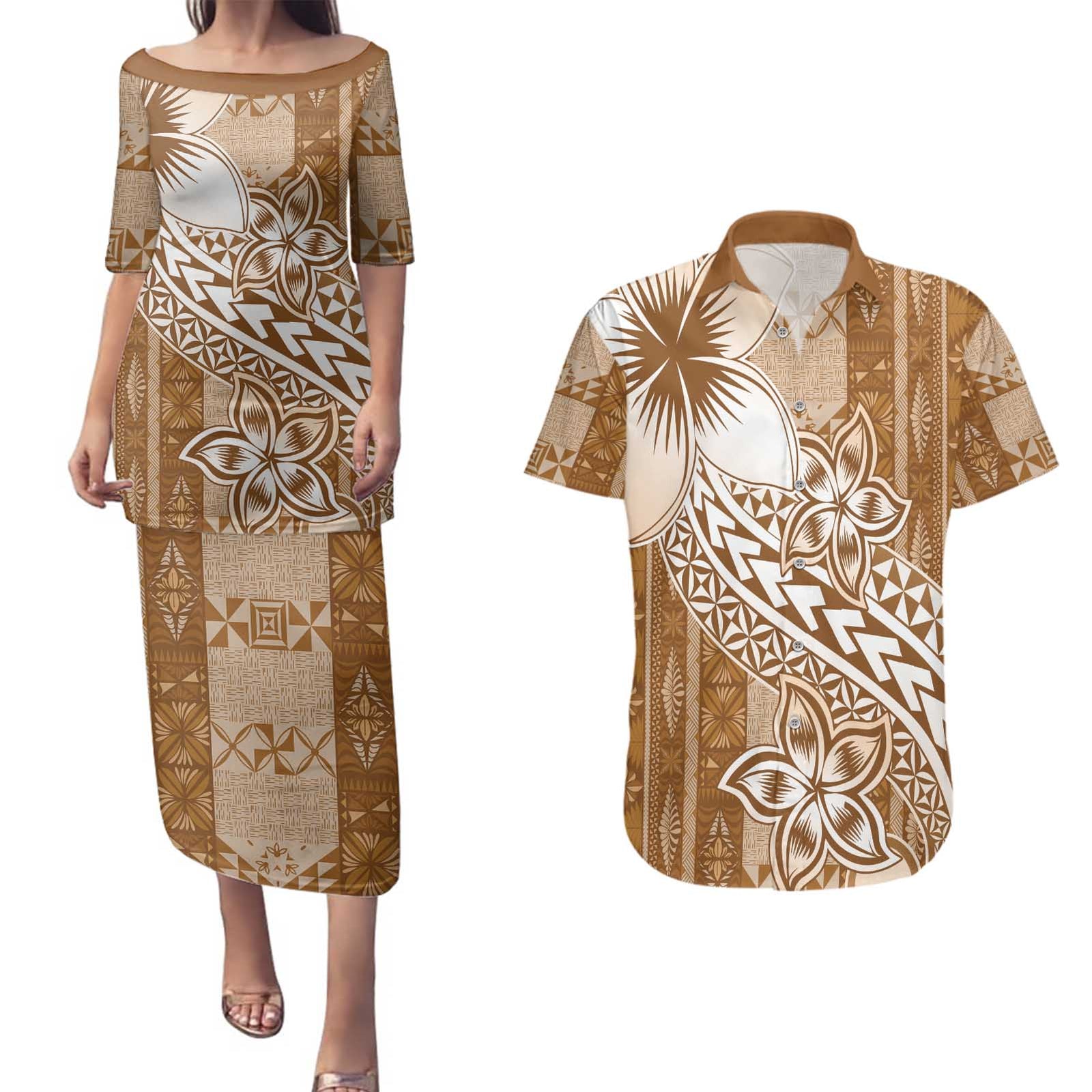 Tonga Kupesi Ngatu Couples Matching Puletasi and Hawaiian Shirt Vintage Brown Plumeria