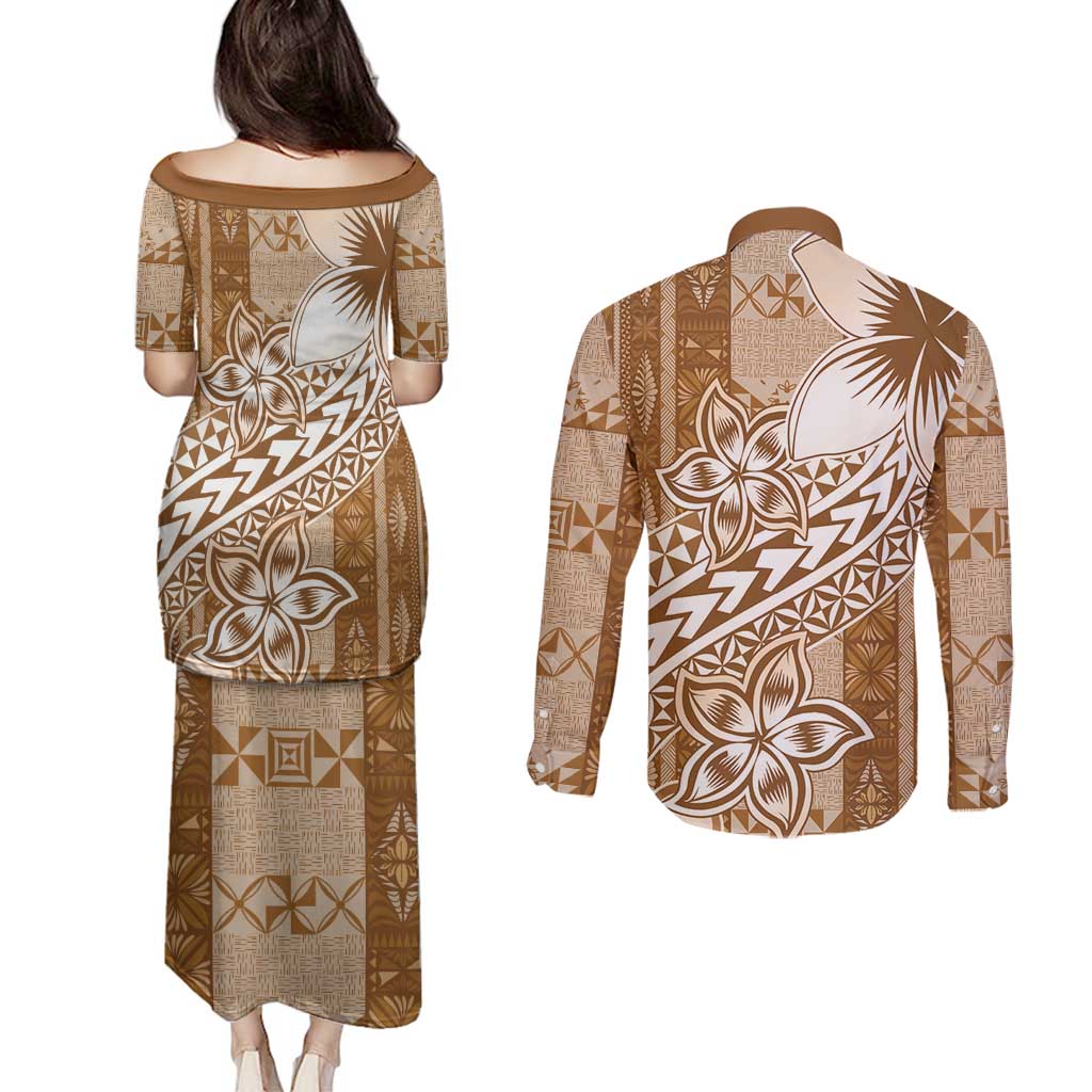Tonga Kupesi Ngatu Couples Matching Puletasi and Long Sleeve Button Shirt Vintage Brown Plumeria