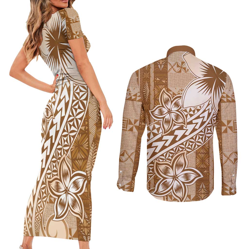 Tonga Kupesi Ngatu Couples Matching Short Sleeve Bodycon Dress and Long Sleeve Button Shirt Vintage Brown Plumeria