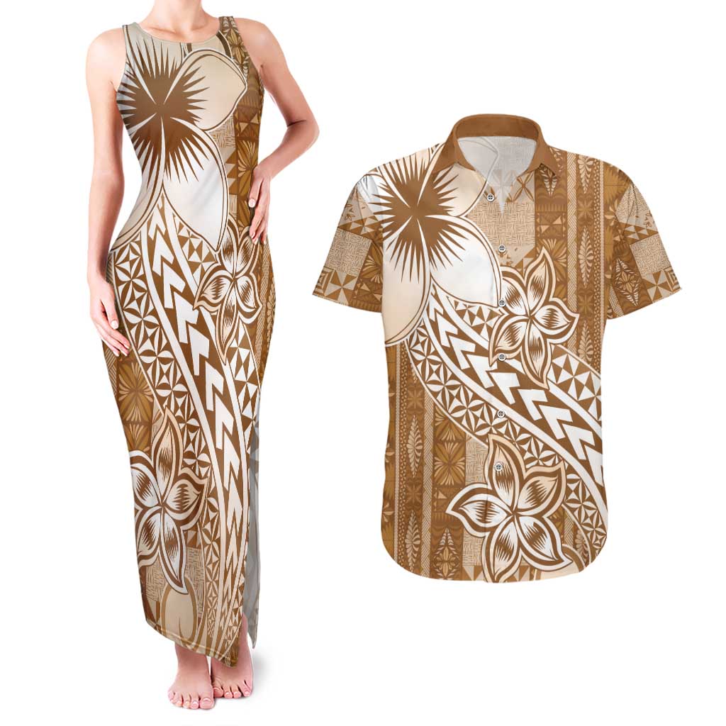 Tonga Kupesi Ngatu Couples Matching Tank Maxi Dress and Hawaiian Shirt Vintage Brown Plumeria