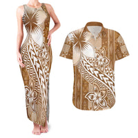 Tonga Kupesi Ngatu Couples Matching Tank Maxi Dress and Hawaiian Shirt Vintage Brown Plumeria