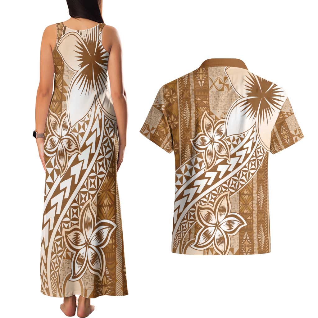 Tonga Kupesi Ngatu Couples Matching Tank Maxi Dress and Hawaiian Shirt Vintage Brown Plumeria