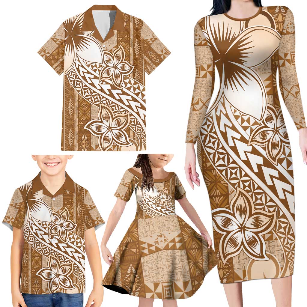 Tonga Kupesi Ngatu Family Matching Long Sleeve Bodycon Dress and Hawaiian Shirt Vintage Brown Plumeria