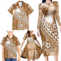 Tonga Kupesi Ngatu Family Matching Long Sleeve Bodycon Dress and Hawaiian Shirt Vintage Brown Plumeria LT05 - Polynesian Pride