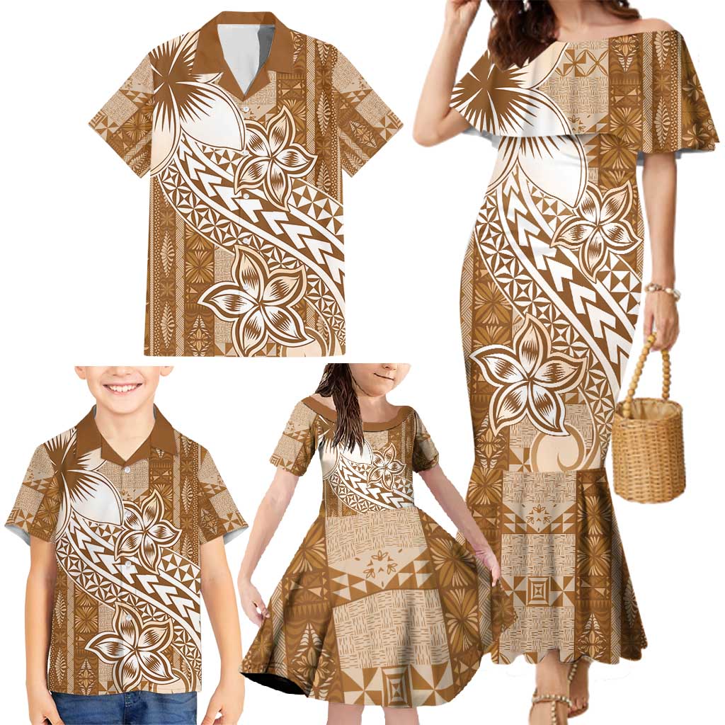 Tonga Kupesi Ngatu Family Matching Mermaid Dress and Hawaiian Shirt Vintage Brown Plumeria LT05 - Polynesian Pride