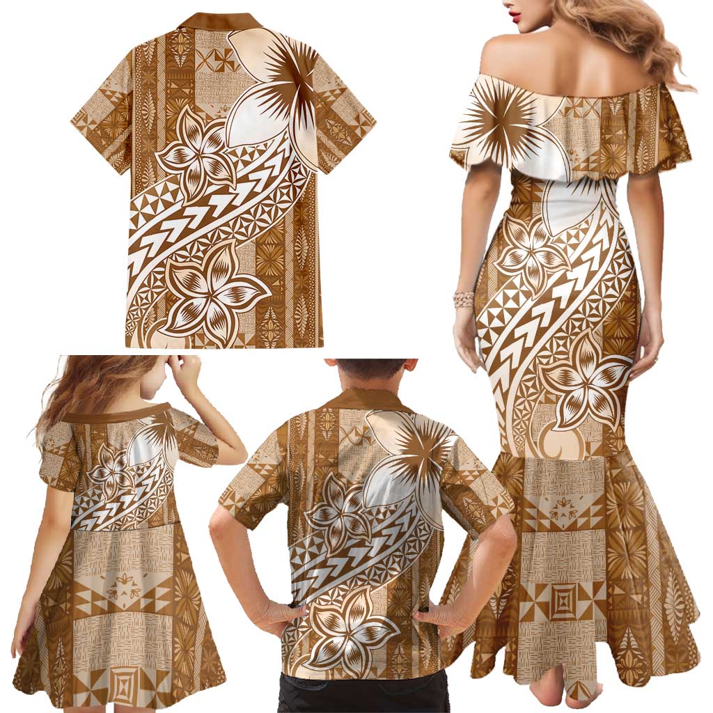 Tonga Kupesi Ngatu Family Matching Mermaid Dress and Hawaiian Shirt Vintage Brown Plumeria LT05 - Polynesian Pride